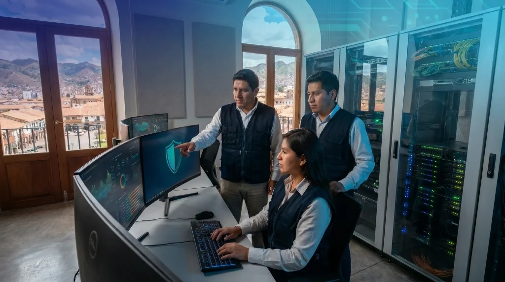 Sala tecnica con racks y tablero de monitoreo de seguridad de red, Cusco