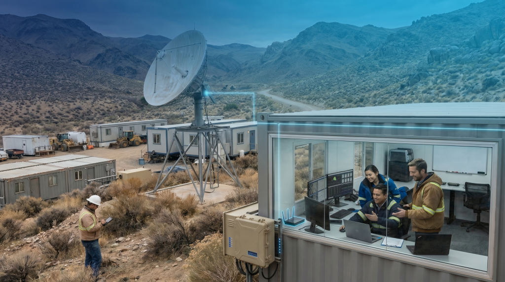 Antena satelital y campamento conectado con internet Starlink gestionado